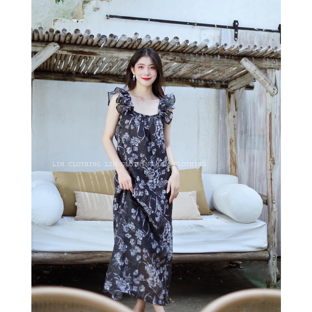 ĐẦM MIDI HOA TAY BÈO (nền đen hoa trắng)