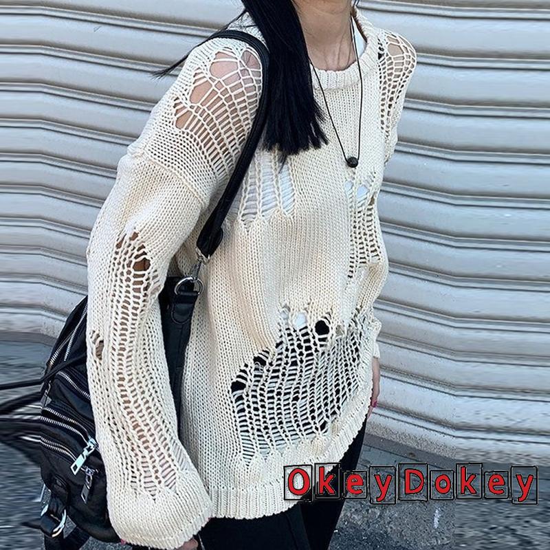 Odokey-y2k Áo Sweater Dệt Kim Chui Đầu Tay Dài Khoét Rỗng Kiểu Harajuku Gothic Mùa Thu
