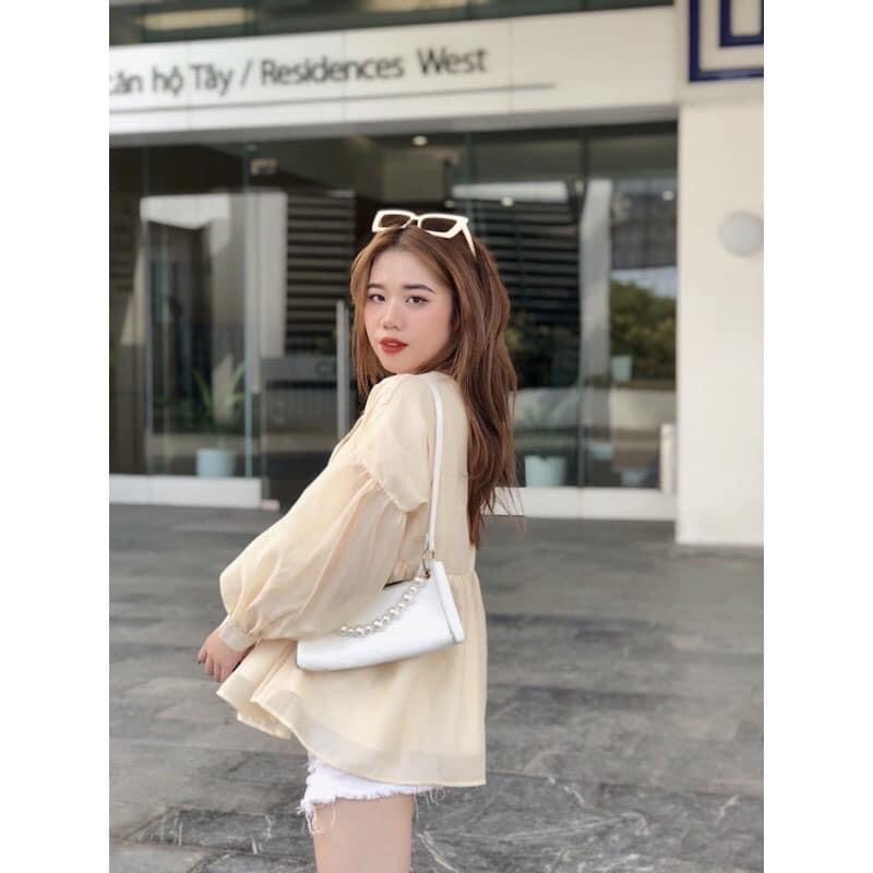 Áo sơ mi nữ cổ chữ V dài tay bồng cúc gỗ, Áo babydoll voan tay phồng đẹp  (TTA110)