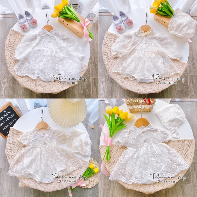 Set váy công chúa trắng thiết kế ren hoa nhí cho bé gái đầy tháng/ thôi nôi