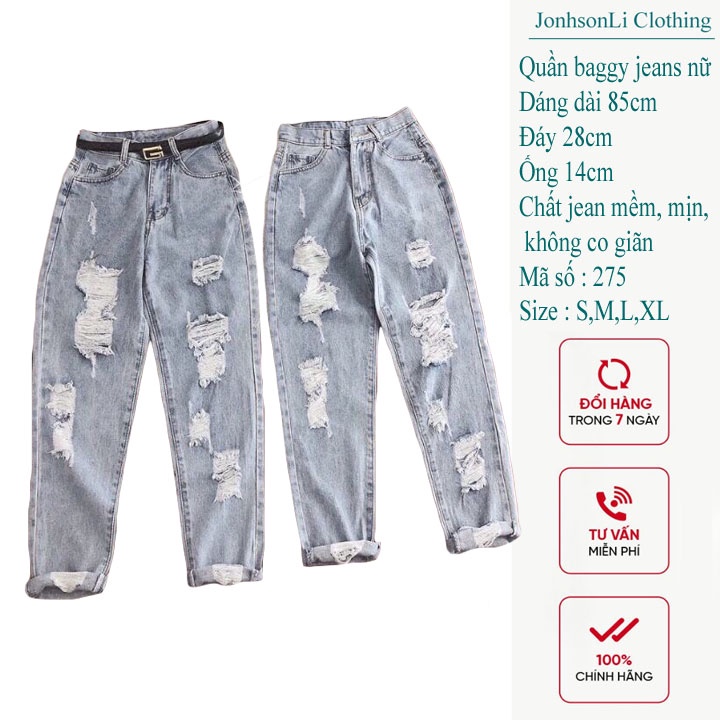 Quần baggy jean nữ JL JohnsonLi lưng cao dáng rộng,kết nút MS275