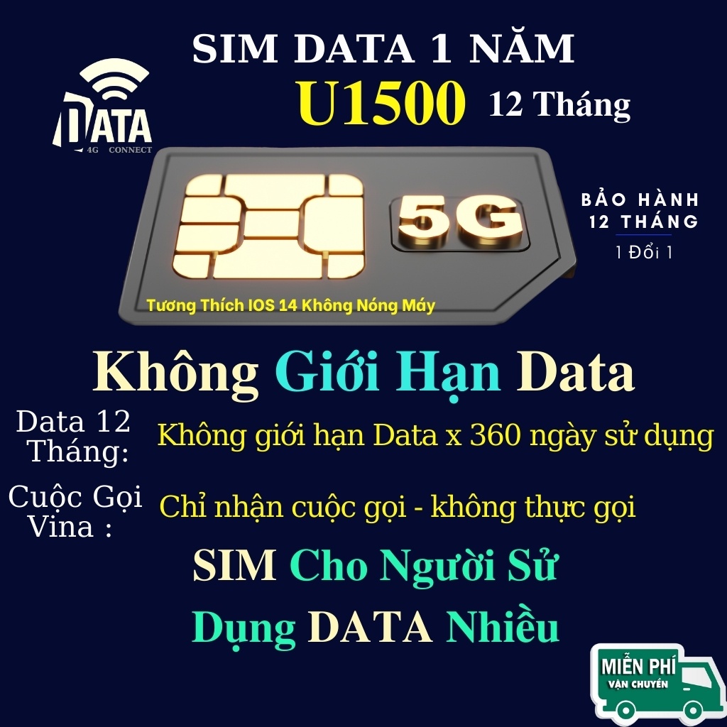 Sim Vina U1500 Miễn Phí Data Không Giới Hạn , Max Băng Thông 12 Tháng