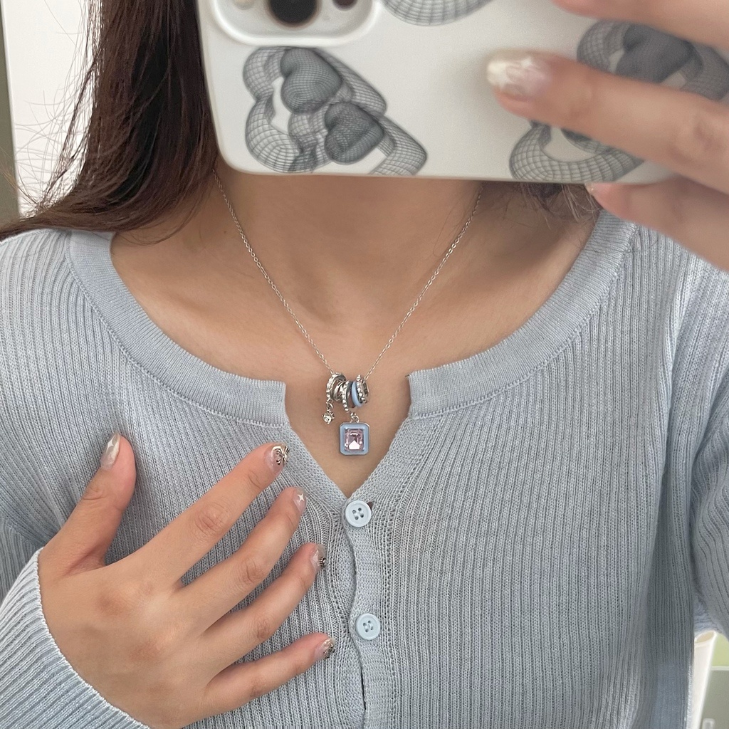 Vòng cổ Hình Khối Màu Bột Xanh Dương Phong Cách Harajuku Dễ Phối Đồ Thời Trang Mùa Hè