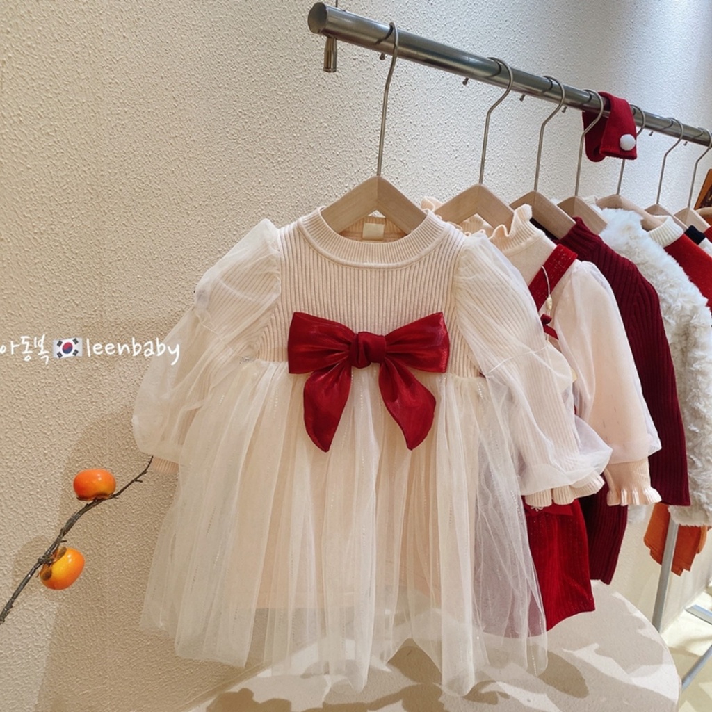 Váy thu đông bé gái, váy len nhung phối ren nơ đỏ chất siêu mềm cho bé