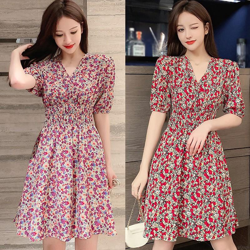 Đầm Tay Ngắn Cổ Chữ V Họa Tiết Hoa Đáng Yêu Phong Cách Hàn Quốc Hợp Thời Trang