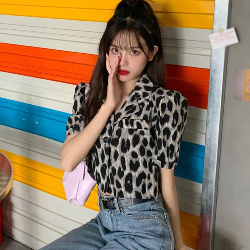 Áo Croptop Tay Ngắn Hoạ Tiết Da Báo Phong Cách Retro