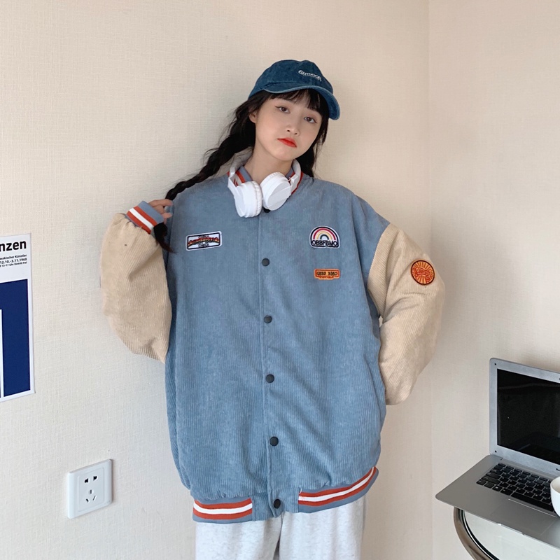 SUXI Áo khoác nhung kẻ tay dài dáng rộng thêu hoạ tiết thời trang mùa thu phong cách hàn quốc cho nữ