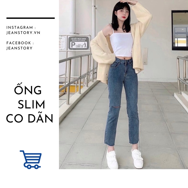 Quần Ống Slim Co Dãn Xanh Retro