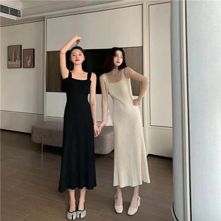 Váy hai dây dài màu đen và be đồ đôi bạn bè dễ mặc đi chơi đi biển hot tôn dáng thướt tha V018