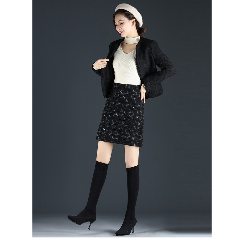 Chân váy ngắn dáng chữ A hot trend Eva design , chất vải dạ tweed màu đen kẻ sọc có quần trong siêu xinh