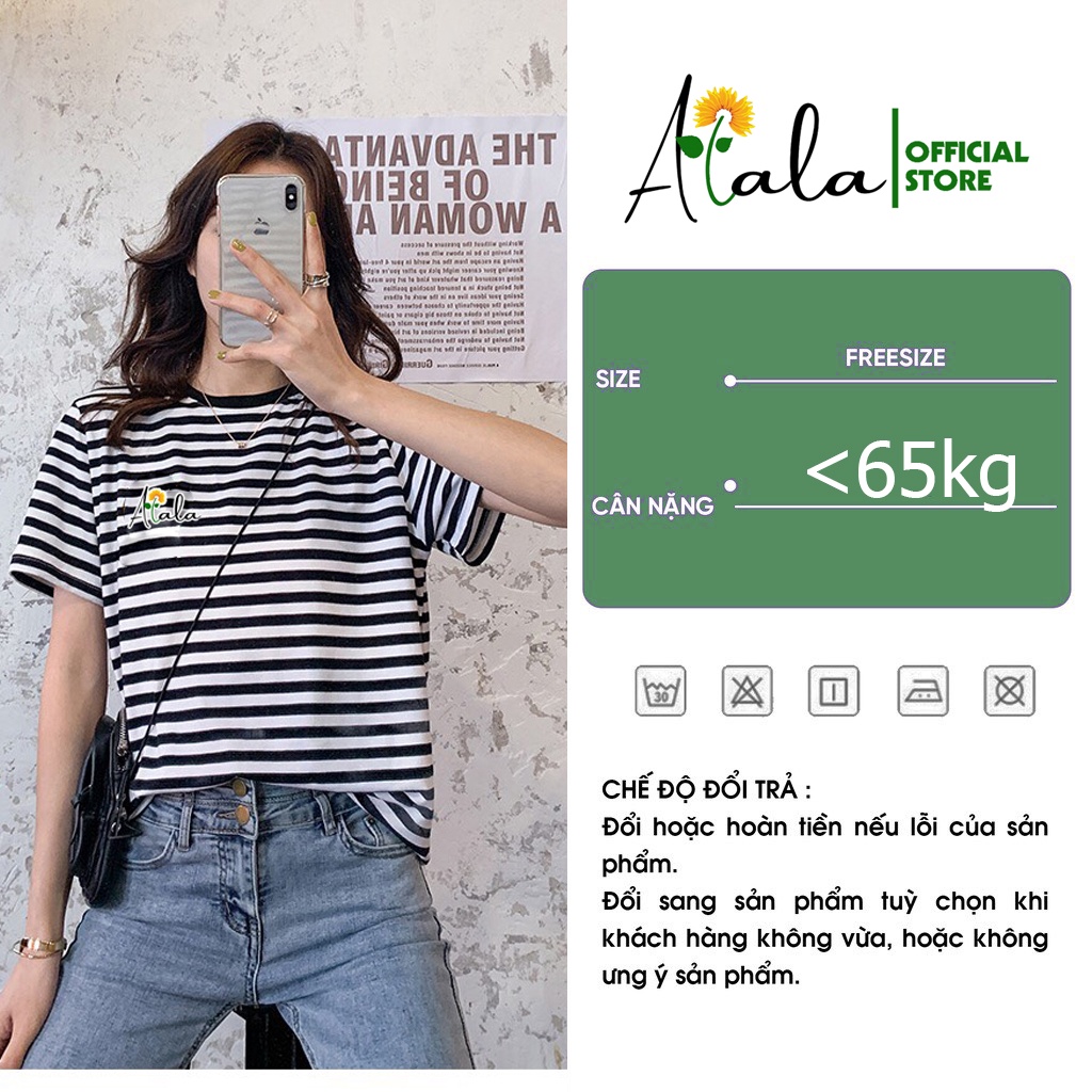 Áo thun tay ngắn cổ tròn họa tiết kẻ sọc phom rộng kiểu Hàn năng động dành cho nữ 2022 ALALA