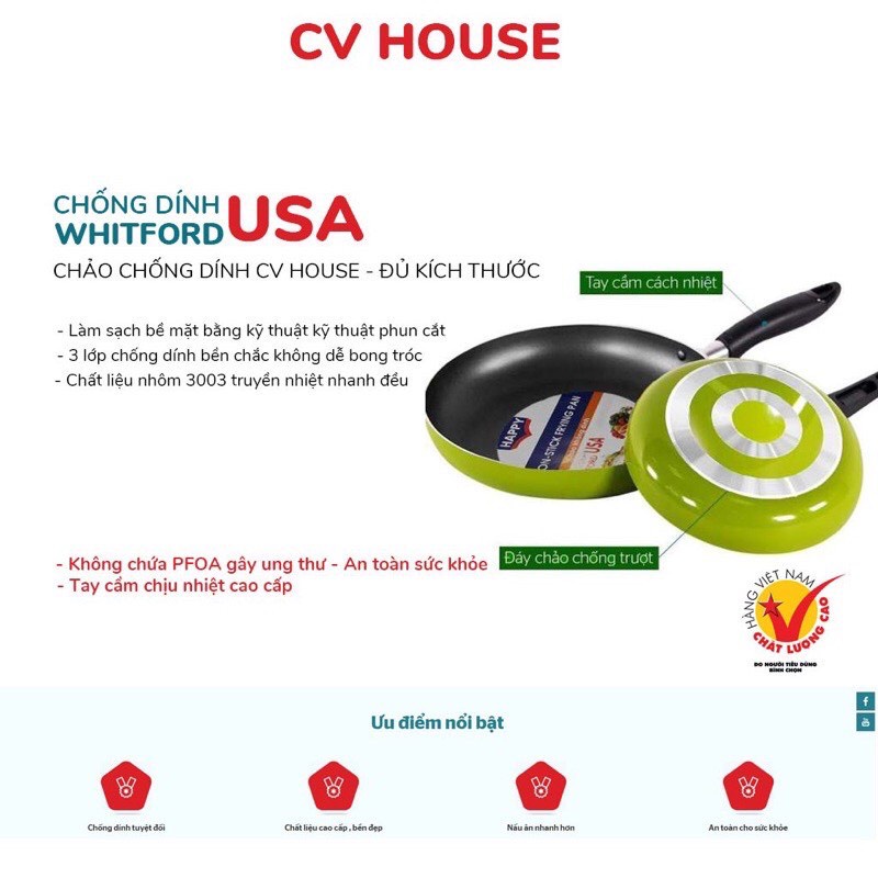 Chảo Chống Dính Hợp Kim Nhôm CV HOUSE công nghệ Mỹ -giá thành Việt (đủ cỡ từ 18 - 30cm)