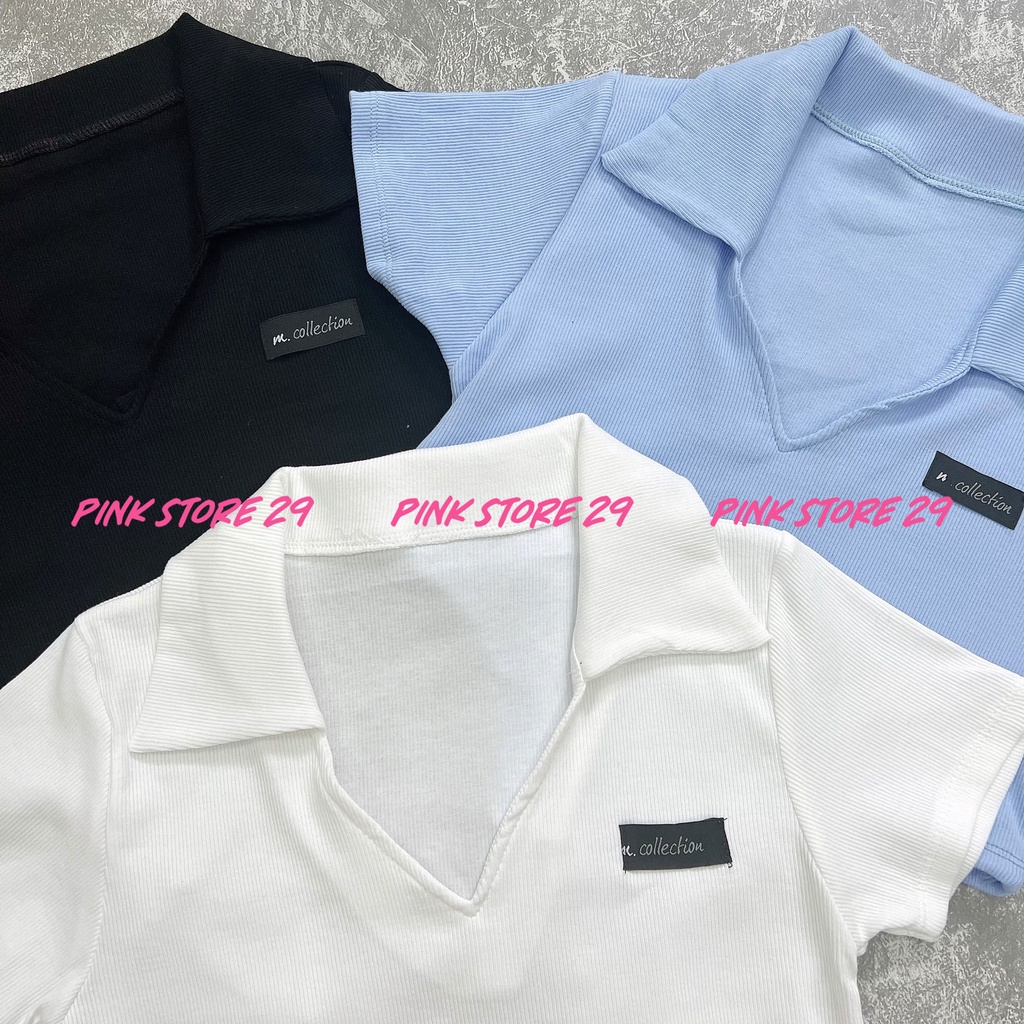 Áo Croptop Cổ Bẻ Tay Ngắn PINKSTORE29 Ôm Body Tag Thêu Ngực Trái A5381