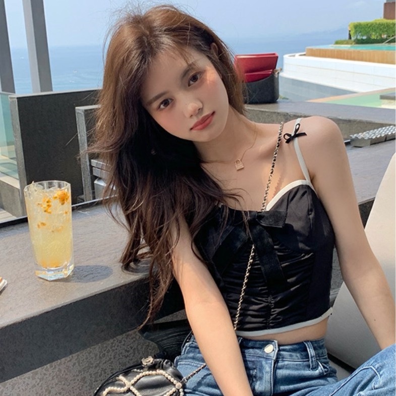 MS625 Áo hai dây nữ kiểu rúm ngực đính nơ croptop PhuLinhShop