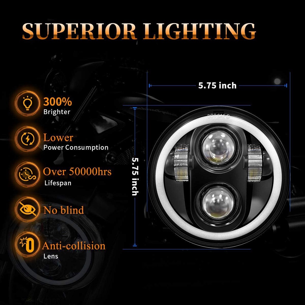 Đèn Pha LED 5.75 Inch 5-3 / 4 Mắt Thiên Thần Tương Thích Với Harley Davidson Iron 883 1200 Dyna Sportster Street Bob