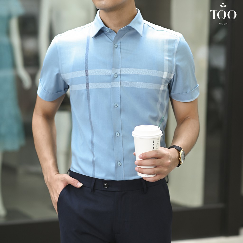 Áo sơ mi nam ngắn tay TQQ dáng Slim fit công sở ôm nhẹ K434CB màu xanh biển lịch thiệp chất vải cao cấp hạn chế nhăn