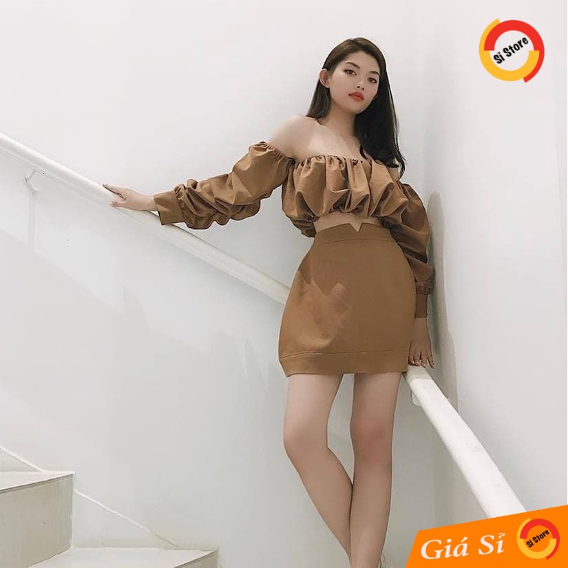 Set Áo Bẹt Vai Tay Dài + Chân Váy Chữ A HOT (NÂU)