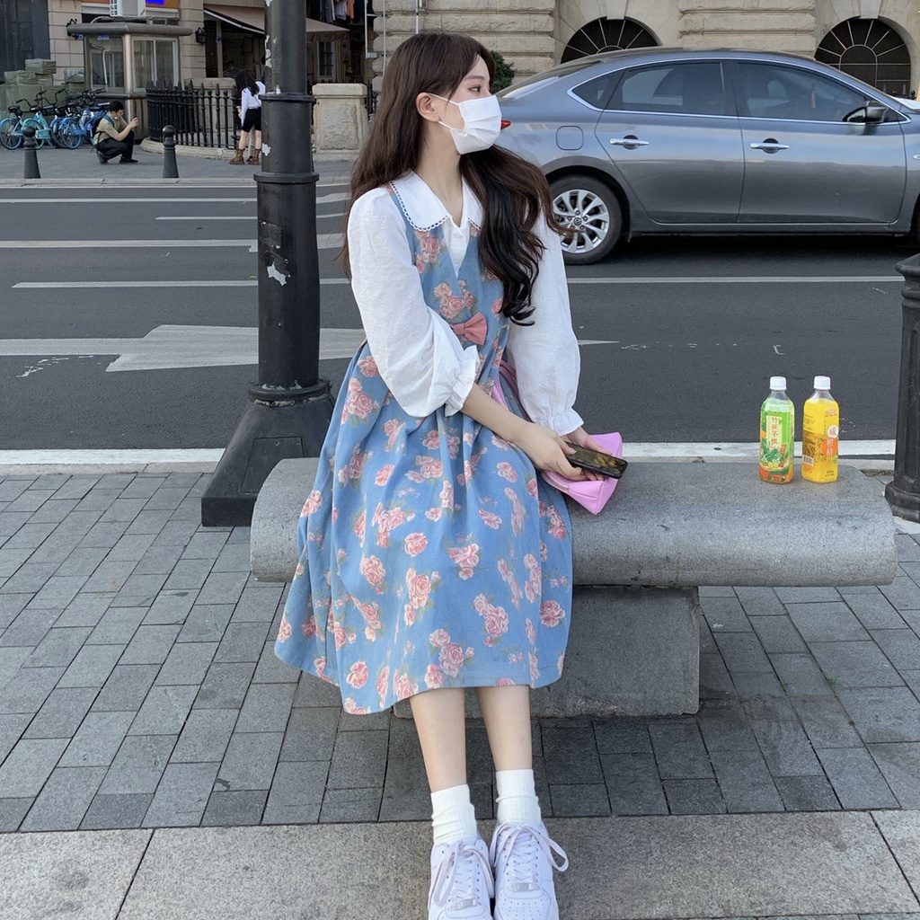 Set đầm hai dây in hoa và áo sơ mi tay phồng đáng yêu (có bán lẻ)