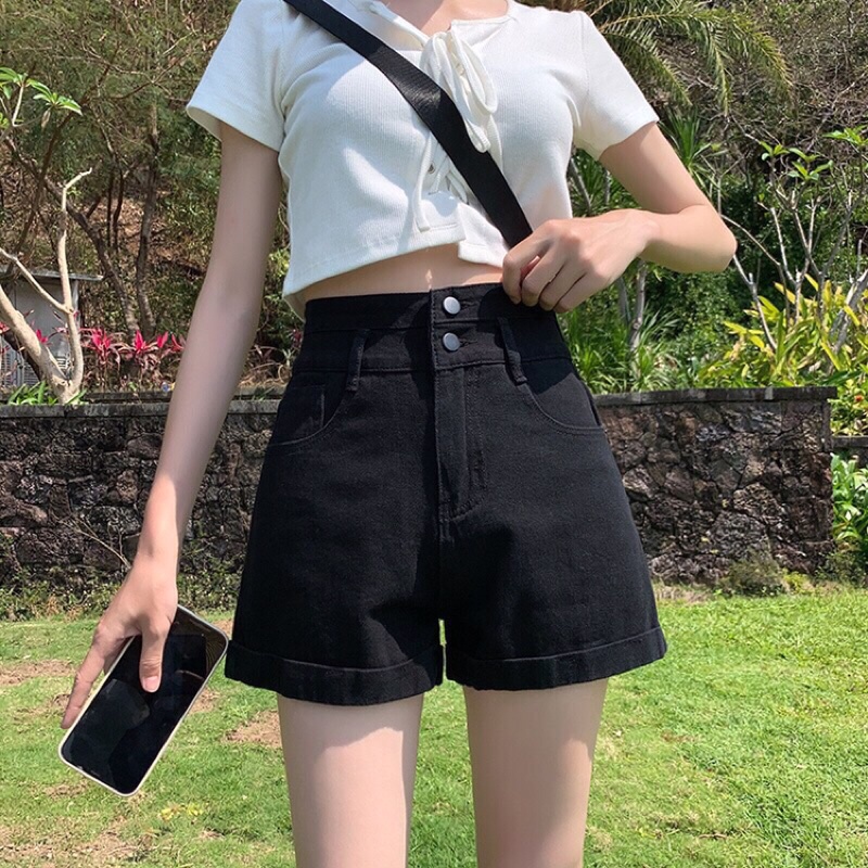 Quần sooc ngố bò jean nữ cạp cao shorts jeans Quảng Châu phong cách Hàn Quốc