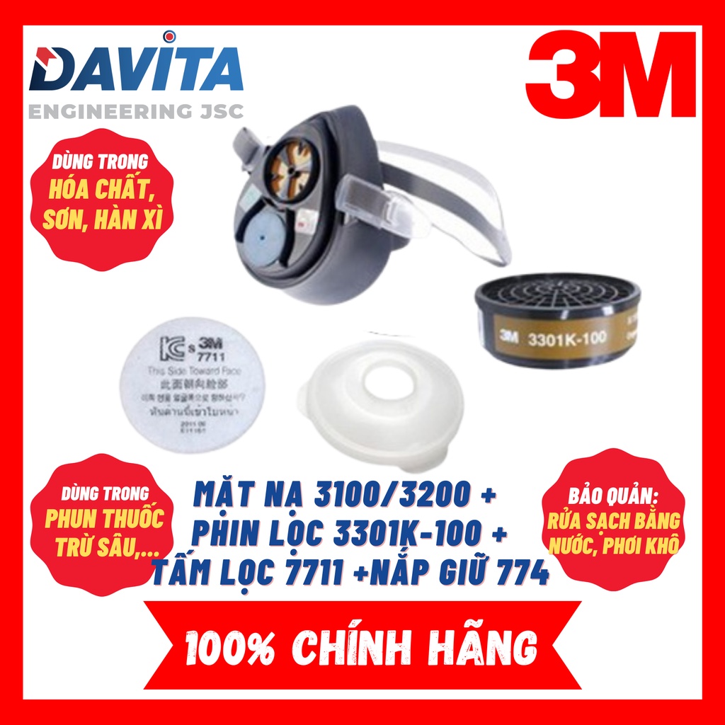 Bộ mặt nạ phòng độc 3M 3200 Chính hãng kèm phin lọc 3M 3301K-100 kèm tấm lọc bụi 7711 và đế đựng 774