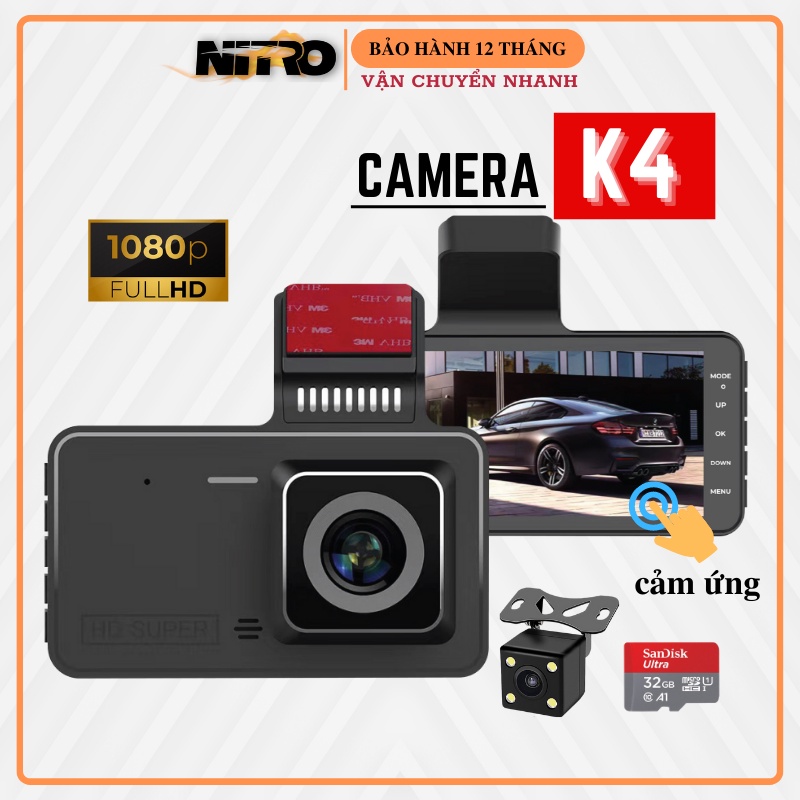 Camera hành trình ô tô K4 màn cảm ứng 4inch Full HD, quay đêm rõ nét, chống rung tự động Bảo Hành 12 Tháng