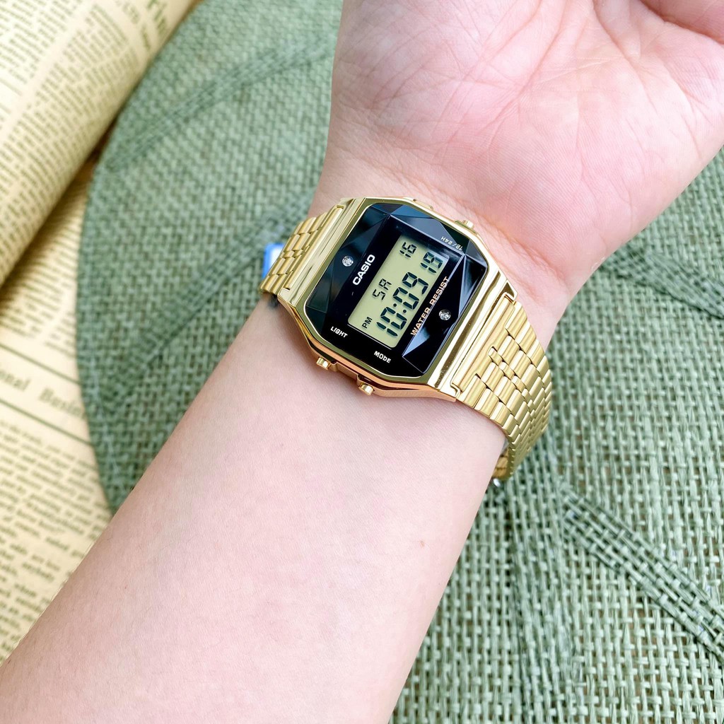 Đồng hồ nam nữ Casio A159WGAD và LA670 kim cương vàng dây kim loại chính hãng cao cấp giá rẻ