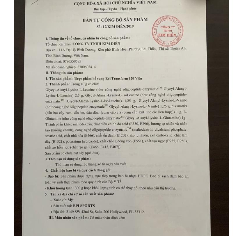 [ Sale ] Viên Uống Bổ Sung Hỗ Trợ Đốt Mỡ Và Tăng Năng Lượng Cơ Thể EVL Trans4orm 120 Viên