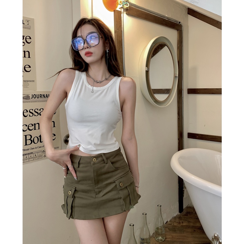 QKOOLE  Set Áo Len Sát Nách Và Quần Dài Ống Rộng Phong Cách Hàn Quốc Dành Cho Nữ crop top