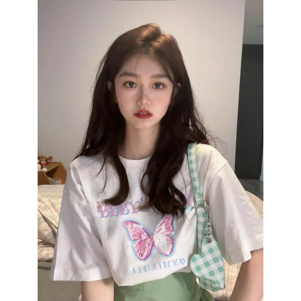 SELVZE Áo Cotton Ngắn Tay Dáng Rộng In Họa Tiết Bướm Thời Trang Vintage