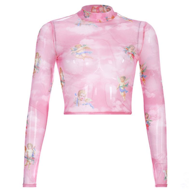 Áo Thun Crop Top Tay Dài Cổ Cao Xuyên Thấu 10MK In Hình Thiên Thần Tình Yêu Màu Sắc Ngọt Ngào Lãng Mạn Cho Nữ Gif