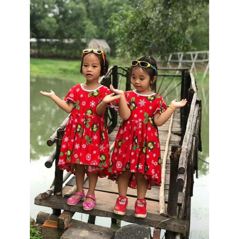 Đầm xếp ly đỏ Noel Tết bé gái MADE BY MiHi vải thô cotton Mỹ thoáng mát thoải mái