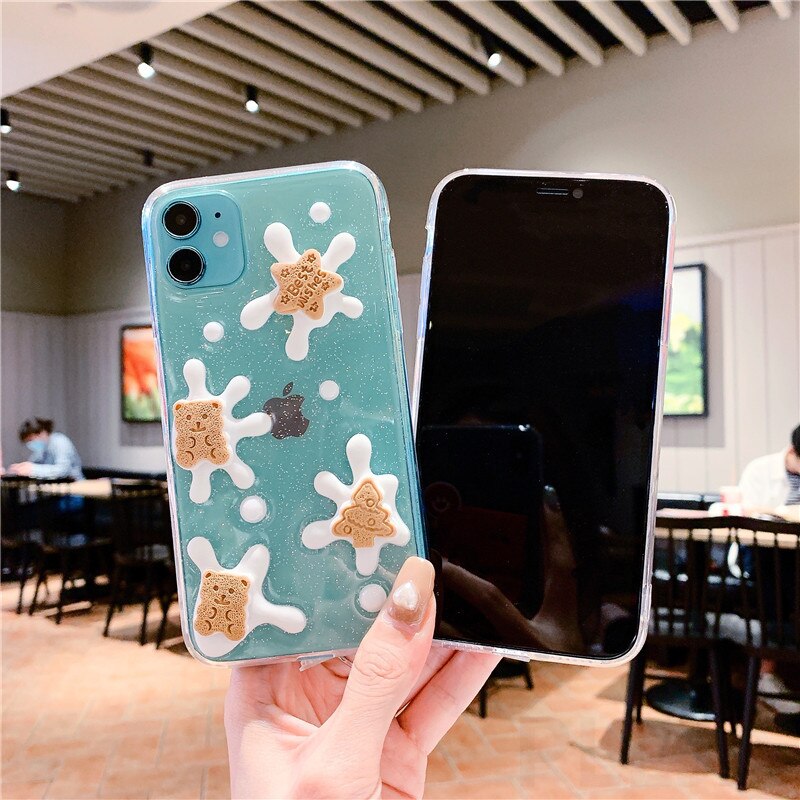 Cute 3D Stereo Milk Cookie Phone Case For OPPO A52/A92 A55 A59 A73/A79/F5 A11/A5 2020 A9 2020/A11X F11/A9/A9X A8/A31 F9/F9PRO/A7X A5/A3S/A12E A92S/RENO4Z A91/F15 A93 5G A72 5G/A53 5G A31/A53 2020 RENO5PRO RENO5/RENO5X Capa Soft Glitter Clear Cover Shell