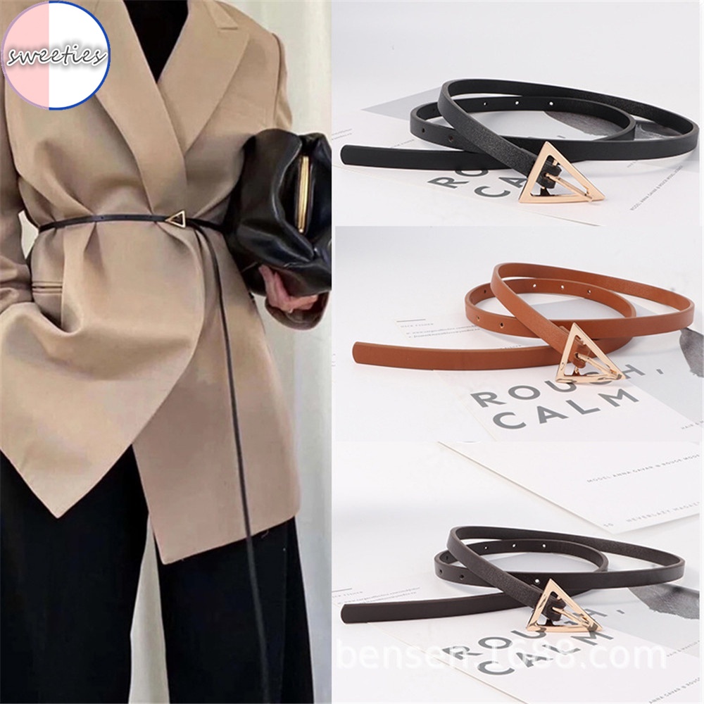 Dây thắt lưng da PU mỏng đục lỗ hình tam giác màu vàng phong cách retro Anh Quốc thời trang cho cặp đôi