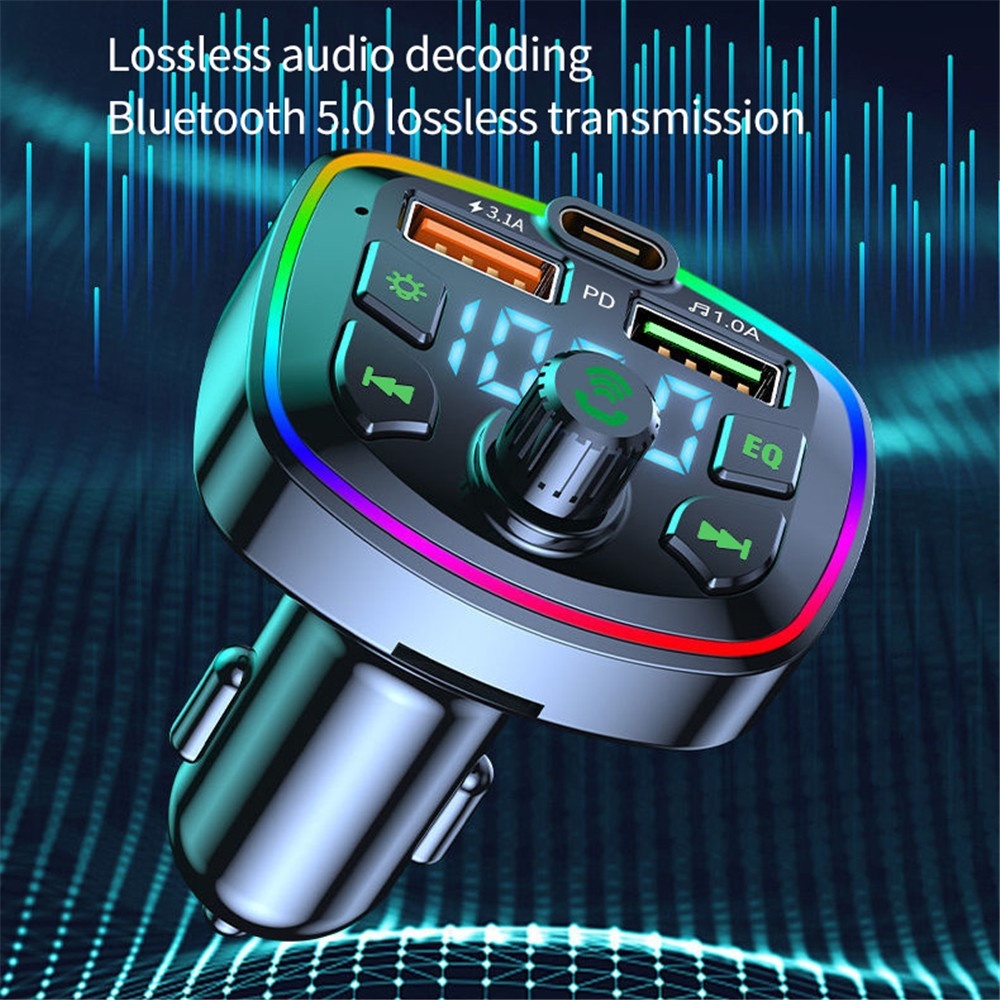 Thiết Bị Phát Nhạc MP3 FM Bluetooth 5.0 PD 18W Type-C Hai Cổng USB 4.2A Có Đèn Nhiều Màu Cho Xe Hơi