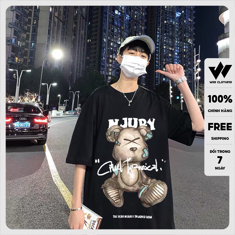 Áo phông nam WIIS tay lỡ unisex form rộng Gấu NJURY thun oversize nam nữ ulzzang
