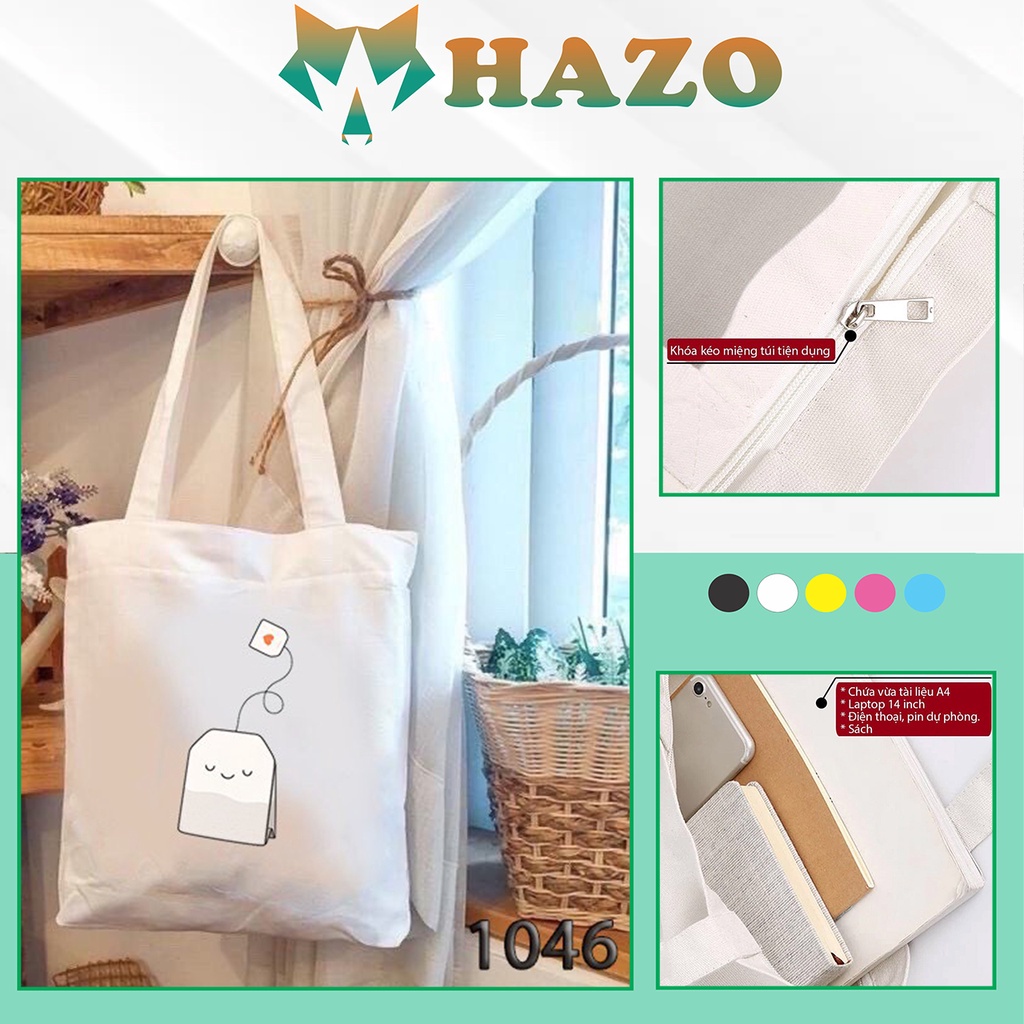 Túi Tote Trắng Chất Vải Canvas 1046 Túi Trà Dễ Thương Hàng Chuẩn Đẹp - Hazo