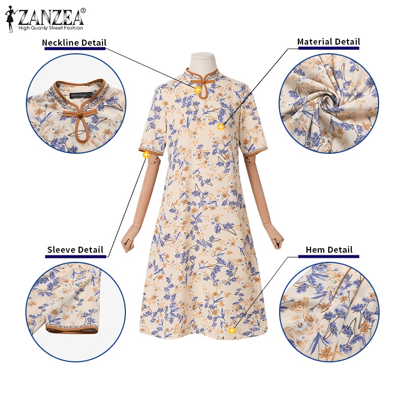 Đầm midi Zanzea ngắn tay in họa tiết phong cách Trung Hoa cổ điển dành cho nữ