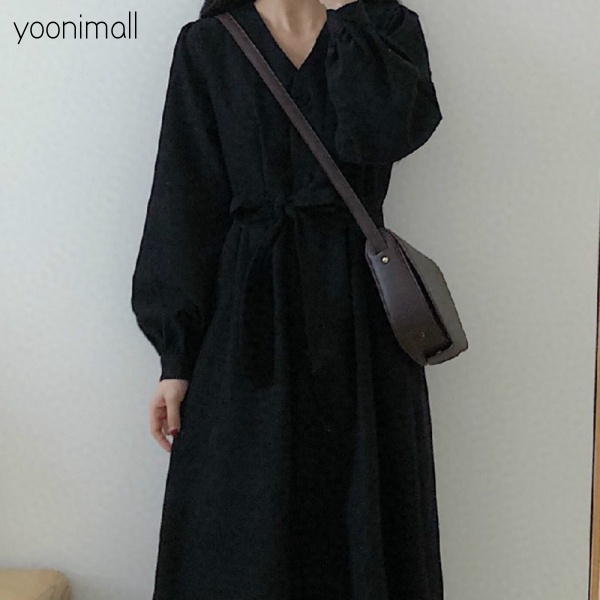 Đầm Nhung Dáng Chữ A Cổ Chữ V Màu Đen Phong Cách Retro | BigBuy360 - bigbuy360.vn