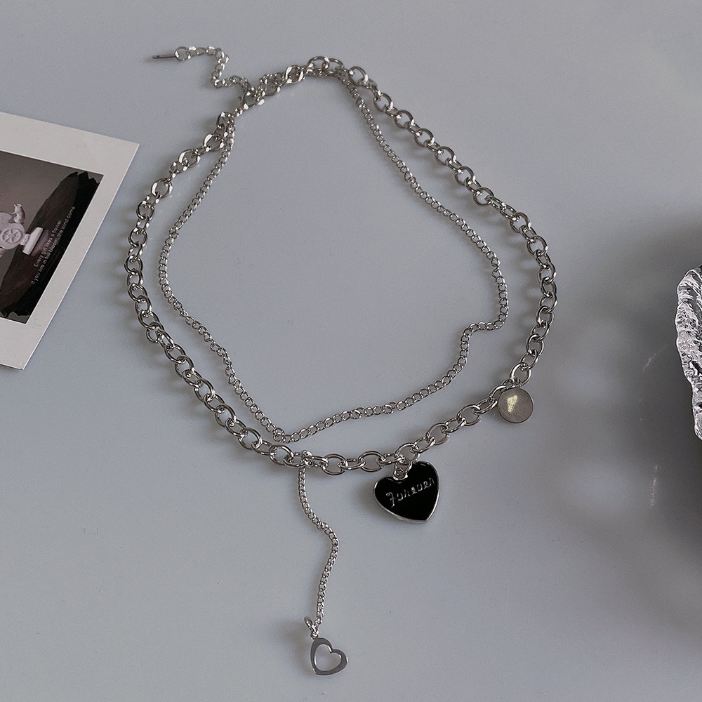 Vòng cổ Hai Lớp Hình Trái Tim Màu Đen Phong Cách Hip Hop Hàn Quốc Thời Trang