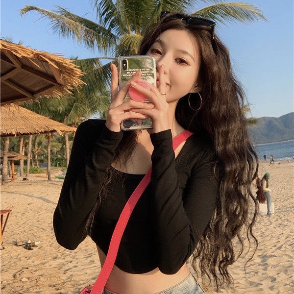 Áo Croptop Nữ Gân Tăm, Tay Dài Vạt Bầu - Tharo Clothing