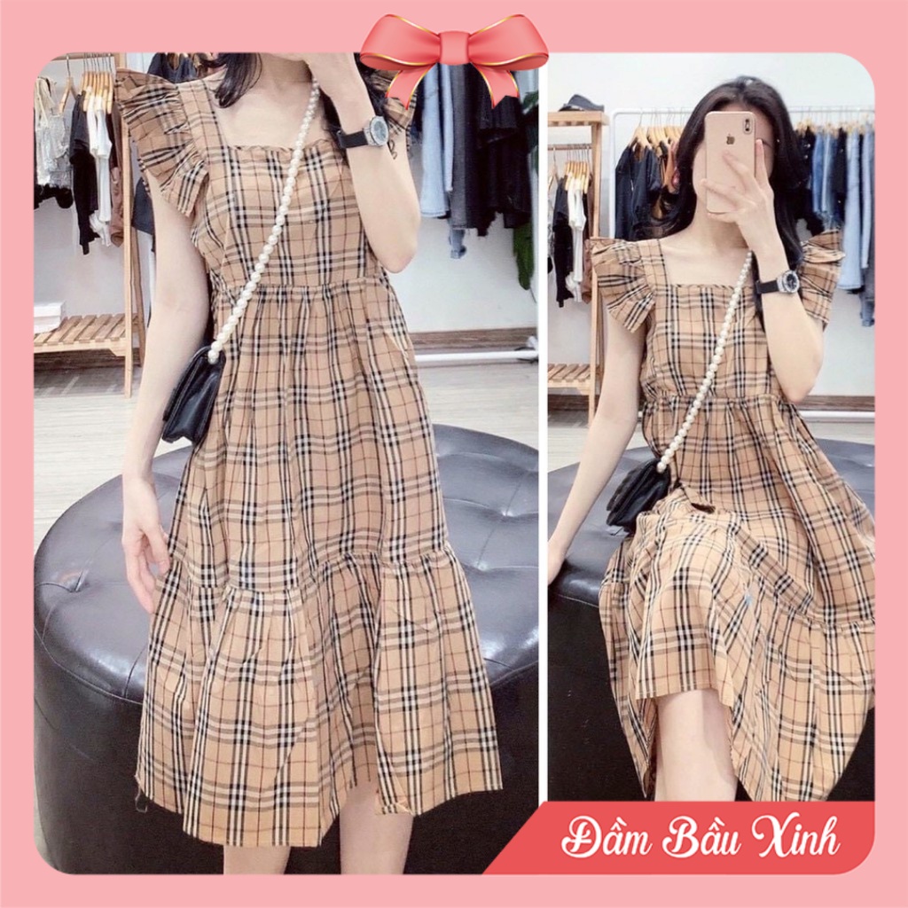 Đầm bầu công sở thiết kế họa tiết kẻ sọc váy bầu hè tay hến thoáng mát V1380