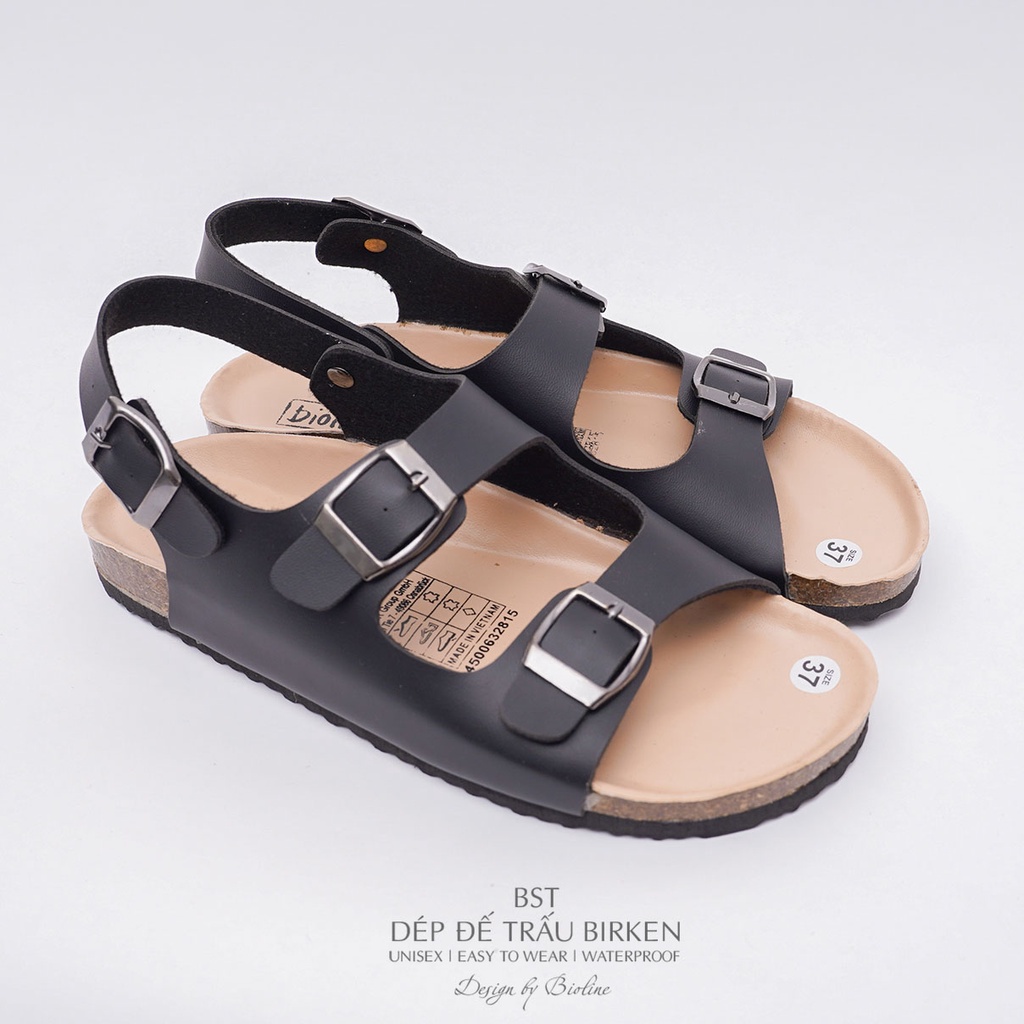 PK02-LÓT CHỐNG NƯỚC-Giày sandal đế trấu Birken nam nữ, quai ngang, da PU cao cấp, dép xăng đan công sở Bioline