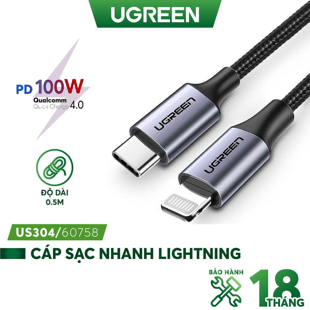 Cáp sạc nhanh USB type C sang Lightning MFI UGREEN US304 US305 - Sạc nhanh PD cho iPhone 12 / iPhone 11 dài 0.25m - 2m