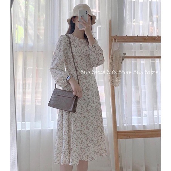 Váy hoa nhí vintage dáng dài 2 lớp, thắt nơ eo - Đầm hoa vintage - Dorita Boutique