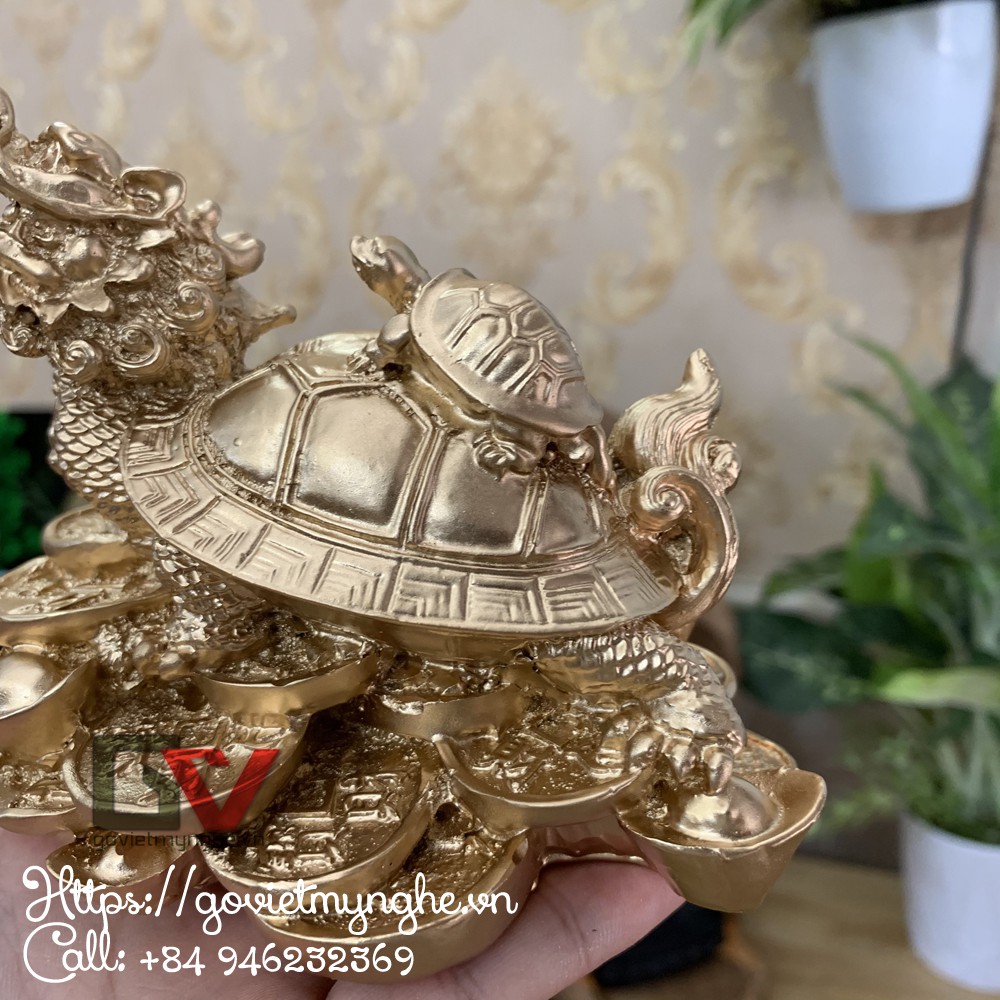 Tượng Đá Long Quy Phong Thủy Trấn Trạch Hóa Sát - Cao 10cm - Màu Nhũ Vàng