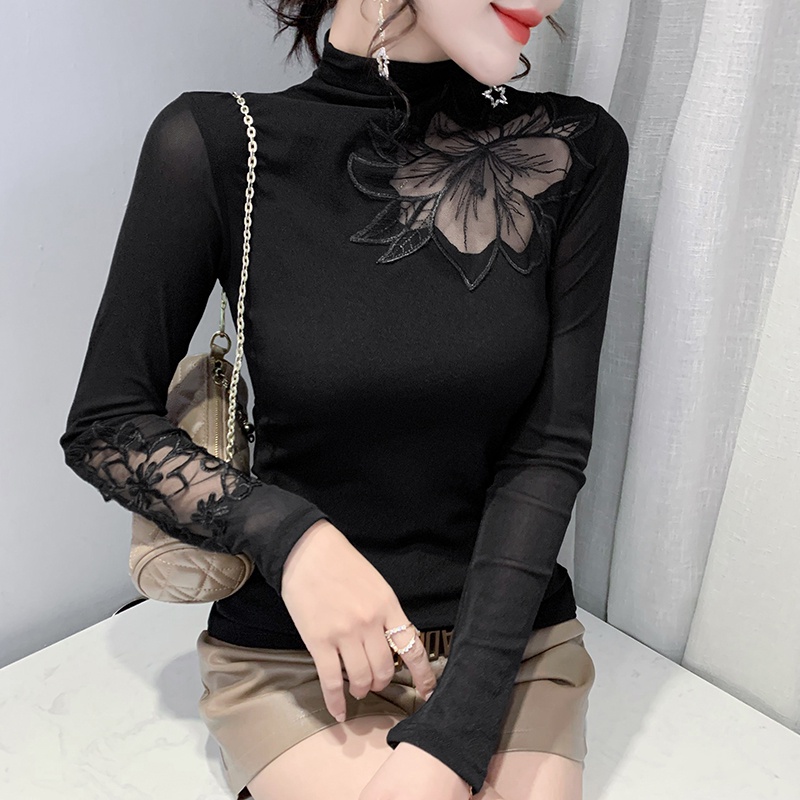 Áo Thun Tay Dài Cổ Cao Phối Ren Mỏng Vừa Vặn Phong Cách Phương Tây Thời Trang Cho Nữ 2