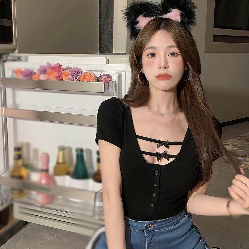 Áo Thun Ngắn Tay Phối Nơ Xinh Xắn Cho Nữ