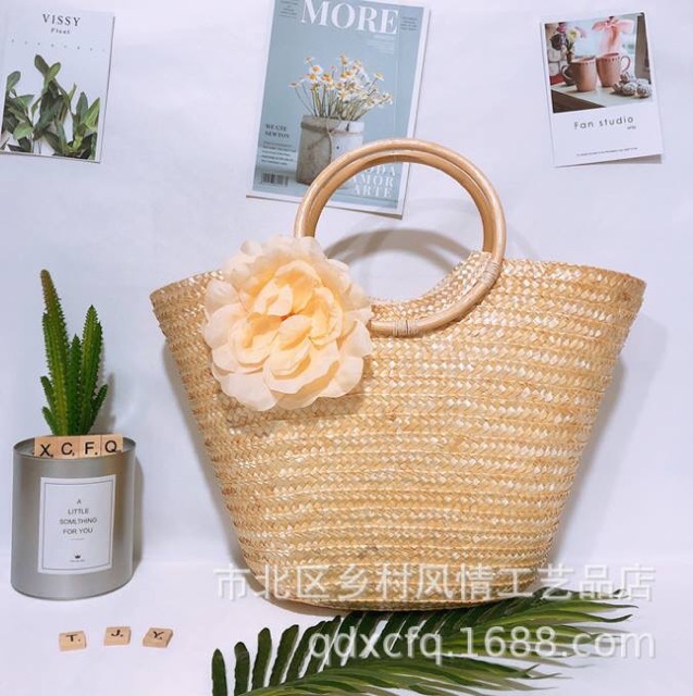 Túi cói hoa to_Giỏ cói hoa quai tròn chụp hình sang chảnh