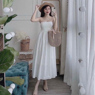Đầm midi váy maxi, váy đi biển màu trắng cúp ngực
