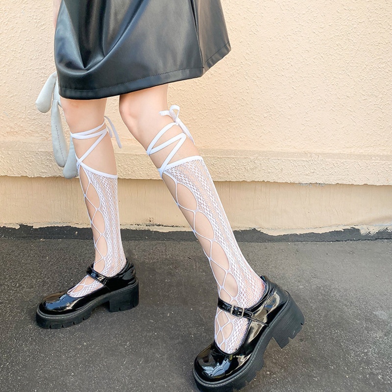Xiangbao Tất Lưới Dài Tới Đầu Gối Đan Dây Chéo Phía Trước Phong Cách Gothic Cho Nữ Có Sẵn
